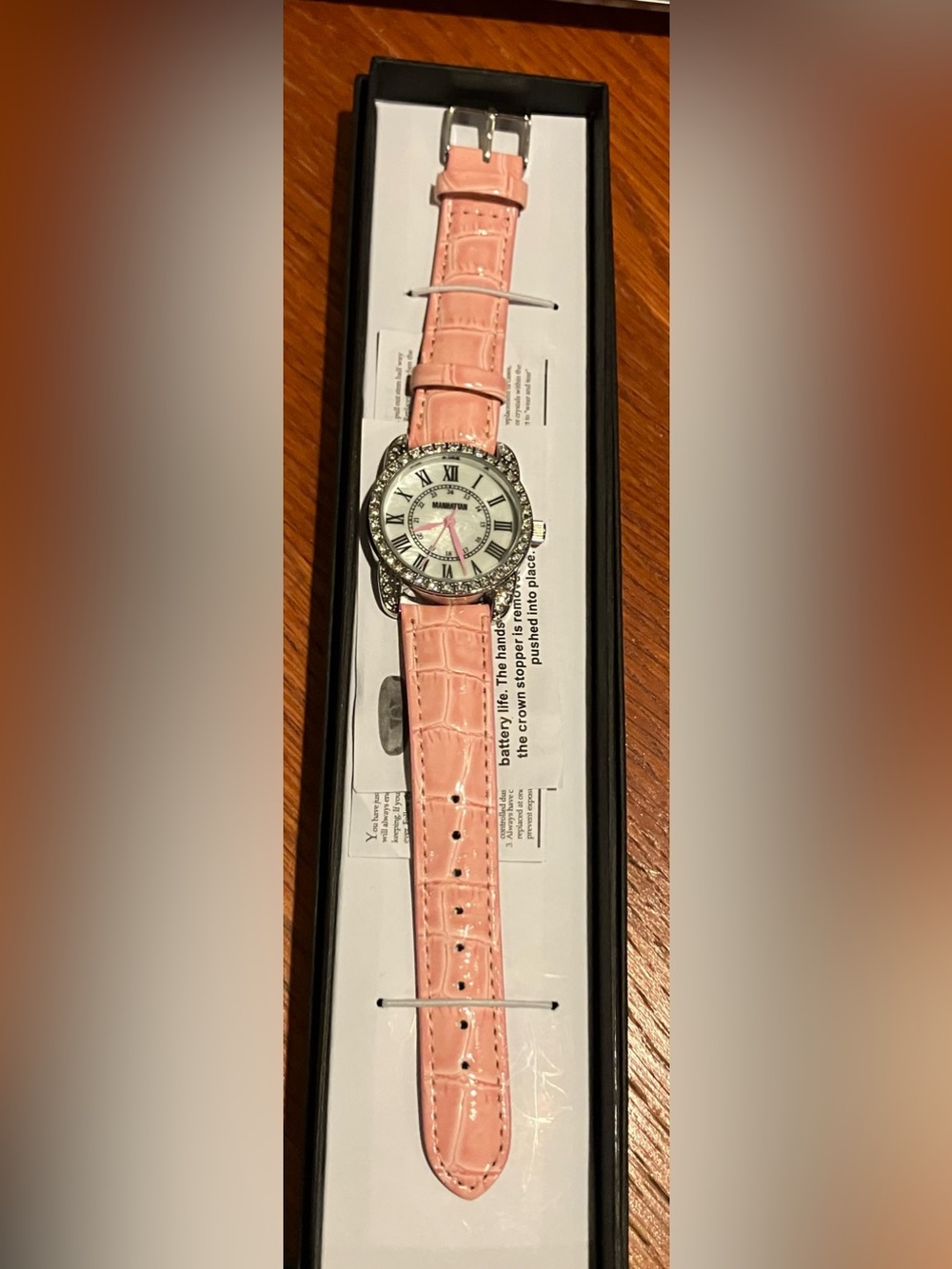 NEA Manhattan by Croton Pink Leather Band Crystal Accent Wristwatch Women’s